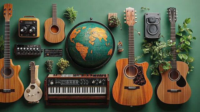 Musical World: Acoustic guitars and vintage instruments decorate around a globe with green background, expressing harmony between music and the world, inspiring creativity and global connection.