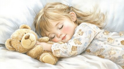 A little girl sleeping in bed soundly with her teddy bear while wearing a blanket, hugging it tightly and looking peaceful while in dreamland with a white background of her room