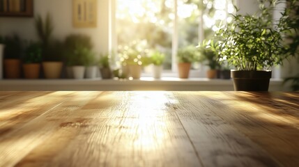 Sunlit wooden table with potted plants in a cozy room.