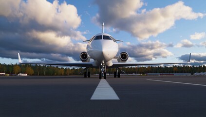 Private jet on runway at sunset. Possible use Stock photo for travel, aviation, luxury