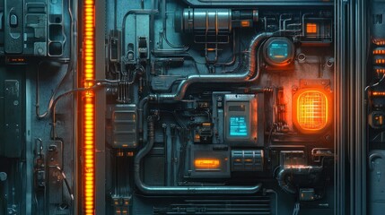 Futuristic industrial panel with glowing elements, intricate piping, and digital displays in a tech environment