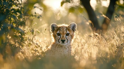 Obraz premium Cheetah Cub Sitting Among Tall Grass in Warm Golden Light
