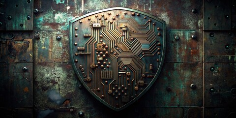Fototapeta premium Urban Decay Antivirus Shield & Chip Logo Concept: Grunge Tech Security