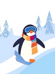 Obraz premium Funny cartoon penguin snowboarding down snowy mountains, wearing colorful winter gear and sunglasses, capturing the spirit of fun, adventure, and winter sports in a playful illustration. 