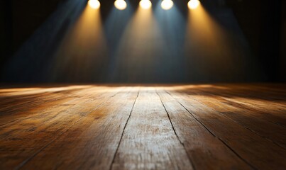 Wood stage lit by spotlights