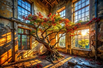 Fototapeta premium Urban Decay: Hawthorn Tree in Abandoned Building - Stock Photo