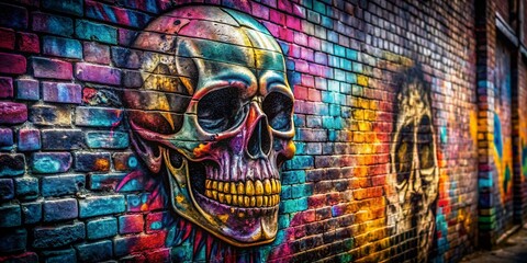 Fototapeta premium Urban Decay Graffiti Skull: Colorful Spray Paint Skeleton Head on Brick Wall Stock Photo