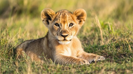 Obraz premium Adorable Lion Cub Relaxing in Golden Grass at Sunset in Nature