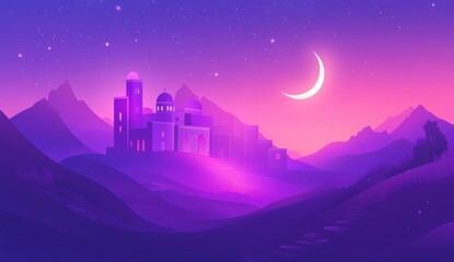 Fototapeta premium Night landscape with crescent moon over illuminated desert town.
