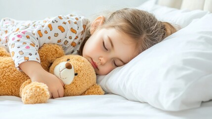 A little girl sleeping in bed soundly with her teddy bear while wearing a blanket, hugging it tightly and looking peaceful while in dreamland with a white background of her room