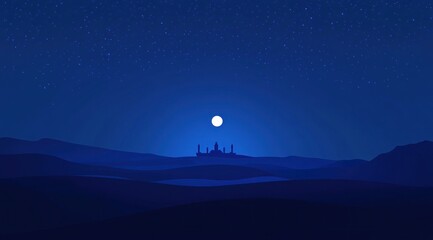 Night landscape with full moon over silhouetted desert hills and a city.