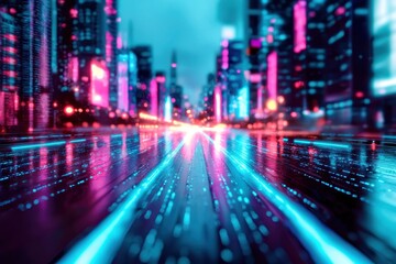 Obraz premium A vibrant, futuristic cityscape illuminated by neon lights, featuring reflective surfaces and a dynamic perspective that evokes a sense of speed and technology.