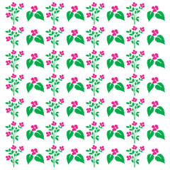 Pink Flowers & Green Leaves Pattern Vector, Botanical Design with Natural Elements, Isolated on White Background for Decorative Use