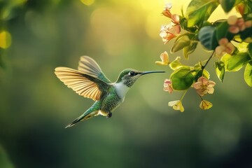 Fototapeta premium Graceful Colibri: Small Hummingbird in Flight Surrounded by Vibrant Nature and Flowers