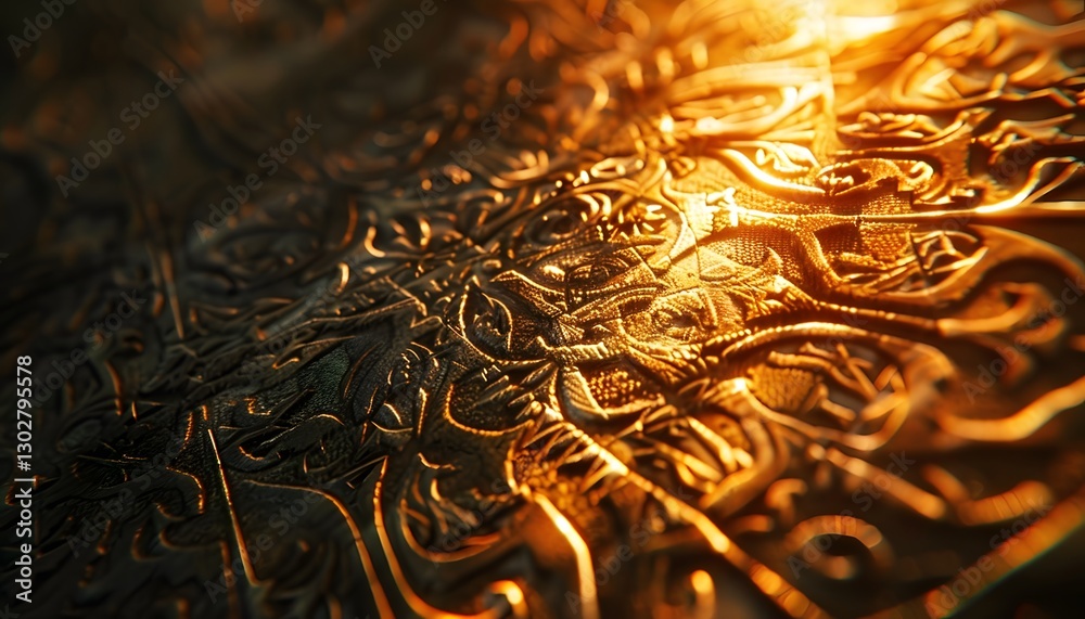 Poster close-up of glowing delicate patterns etched into a traditional artifact, illuminated by soft light,