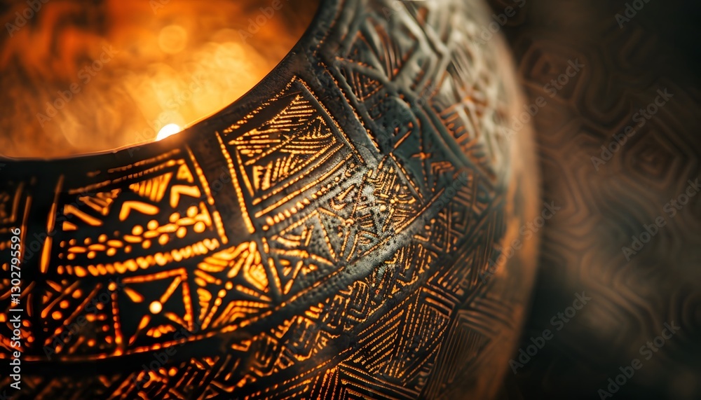 Poster close-up of glowing delicate patterns etched into a traditional artifact, illuminated by soft light,
