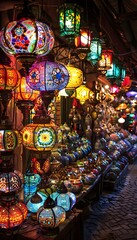 Eye-level shot of glowing traditional lanterns lighting the way in a bustling market, cinematic cultural vibrancy