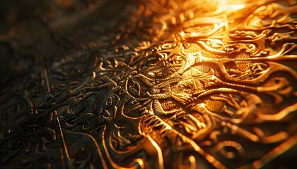 Close-up of glowing delicate patterns etched into a traditional artifact, illuminated by soft light, cinematic cultural detail