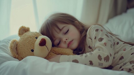 A little girl sleeping in bed soundly with her teddy bear while wearing a blanket, hugging it tightly and looking peaceful while in dreamland with a white background of her room