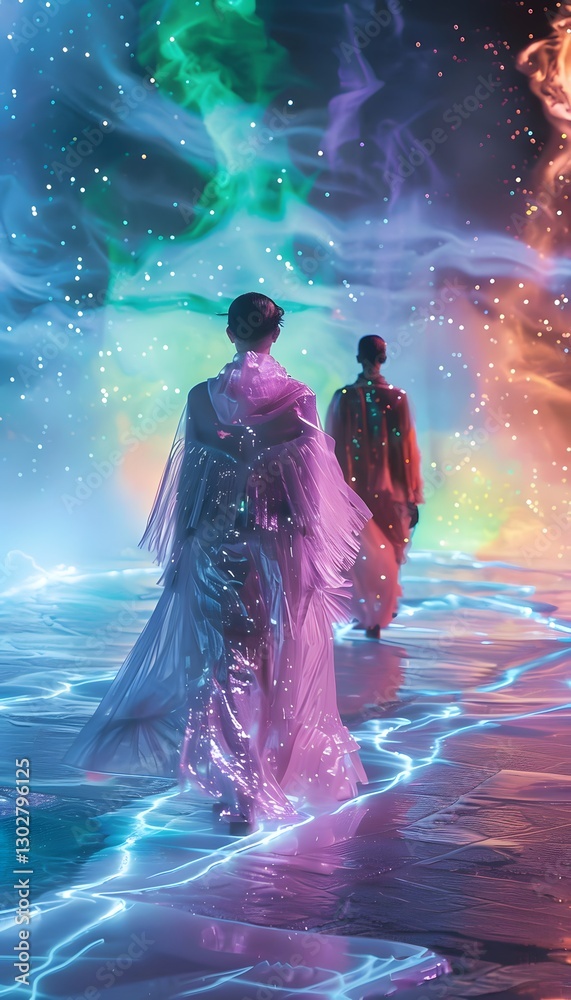 Poster a conceptual runway show set on glowing ice, where models in metallic outfits walk under radiant aur