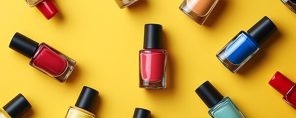 Fototapeta premium Colorful nail polish bottles on a yellow background with space for copy, viewed from the top