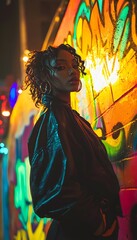 A conceptual urban shoot featuring a model in bold streetwear standing against glowing graffiti walls and radiant city lights