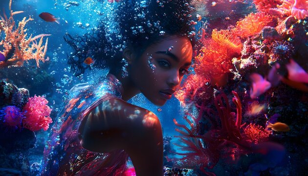 A surreal underwater shoot where models in reflective outfits interact with glowing marine life and radiant coral