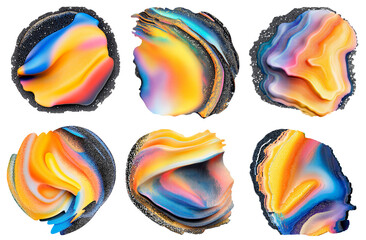 Set of six abstract 3D fluid shapes with vibrant iridescent colors, smooth gradients, and dynamic textures, isolated on a transparent background. Perfect for modern design, digital art