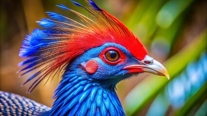 Fototapeta premium Vibrant Blue & Red Crested Guineafowl Close-Up - Exotic Bird Stock Photo