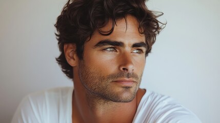 Fototapeta premium Handsome man with curly brown hair, wearing a white shirt. Perfect for ads promoting men's grooming, fashion, or lifestyle products.