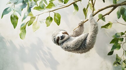 Obraz premium Cute Sloth Hanging on Tree Branch Surrounded by Green Leaves