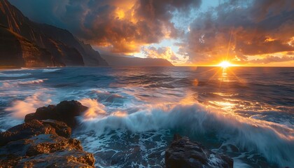 Wide-angle view of glowing cliffs overlooking crashing ocean waves under a radiant sunset, cinematic dramatic elegance