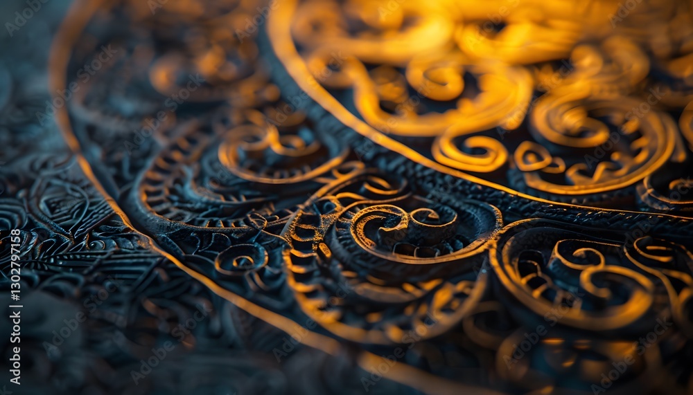 Poster Close-up of glowing intricate patterns carved into a traditional artifact, illuminated by soft ambient light, cinematic cultural detail