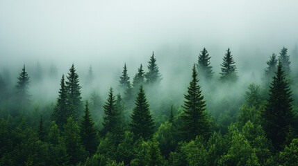 Fototapeta premium Misty Forest: Tranquil Woodland Landscape with Evergreen Pines and Lush Green Foliage in Scenic Nature View
