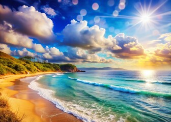 Vibrant Coastal Landscape: Sun-Kissed Beach, Azure Sea, Bokeh Effect