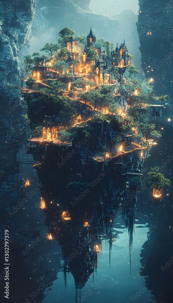 Poster a conceptual floating island village where glowing pathways and radiant plants create a magical sett