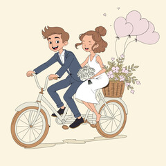 Obraz premium Romantic Wedding Couple on Bike, Vector Love Illustration Art. Perfect for wedding invitations, cards, or love-themed designs
