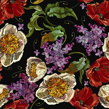 Yellow peonies flowers, red poppies and blossoming lilac flowers. Summer garden seamless pattern. Fashion floral template for clothes, t-shirt design. Embroidery art style