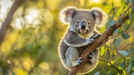 Cute Koala Sitting on a Tree Branch in Nature Environment