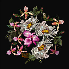 White chamomile and pink orchid flowers. Embroidery art style. Fashion  tropical summer floral template for clothes, t-shirt design