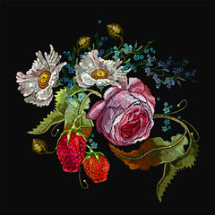 Strawberry plant with leaves, berries, white chamomile and pink roses. Embroidery style. Summer floral art. Fashion template for clothes, textiles and t-shirt design