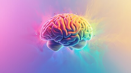 Vivid, colorful brain floating with creative energy against a pastel, dreamy, colorful backdrop