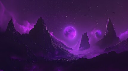 Obraz premium Ethereal Purple Mountains Under Cosmic Night Sky with Planets