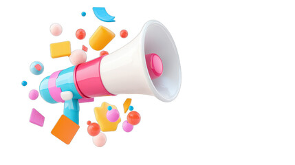 Colorful megaphone announcing new ideas, vibrant design with speech bubbles, playful communication theme, ideal for marketing materials. Isolated on white background or PNG