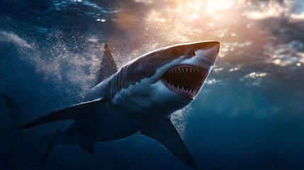 Fototapeta premium Great white shark swimming through the ocean depths with open jaws.