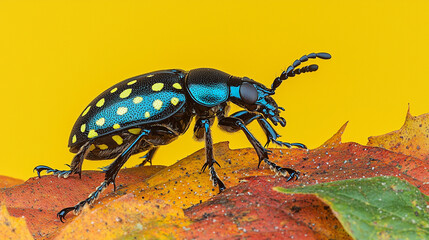 Naklejka premium Close-up Beetle on Autumn Leaves