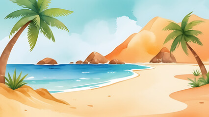 Naklejka premium Tropical Beach Watercolor Painting with Palm Trees, Ocean, and Desert