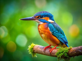Fototapeta premium Vibrant Kingfisher on Branch, Tilt-Shift Miniature Photography, Green Background