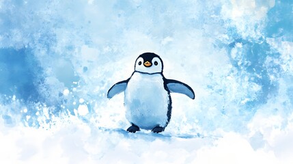 Fototapeta premium Cute Penguin Standing on Snowy Background with Blue Texture