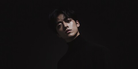 Pensive Asian Man Dramatic Lighting Portrait Dark Background Stylish Turtleneck Serious Expression